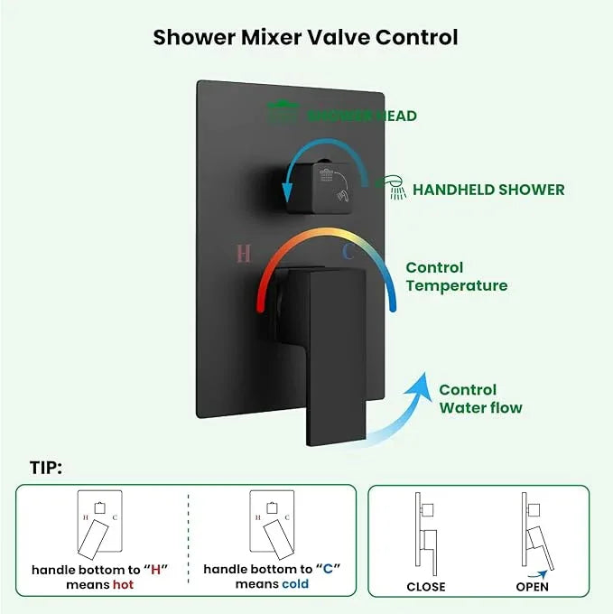 gotonovo Rainfall Bathroom Shower System Rain Shower Head and Handle Set Wall Mounted Shower Complete Combo Solid Brass Pressure Balancing Shower Mixer Valve 12 Inch Matte Black - ModernBath
