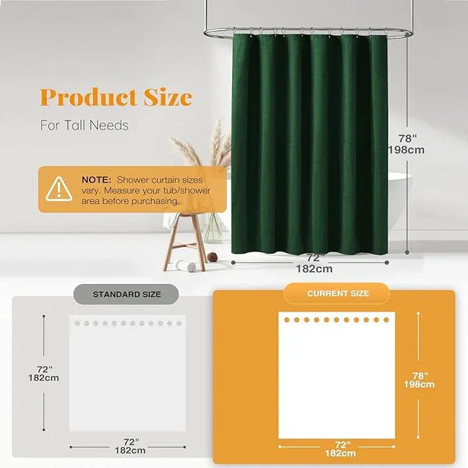 BTTN Long Fabric Shower Curtain, 78 Inch Linen Textured Heavy Duty Polyester Cloth Shower Curtain Set with 12 Plastic Hook, Hotel Luxury Waterproof Shower Curtain for Bathroom - 72x78, Emerald Green - ModernBath