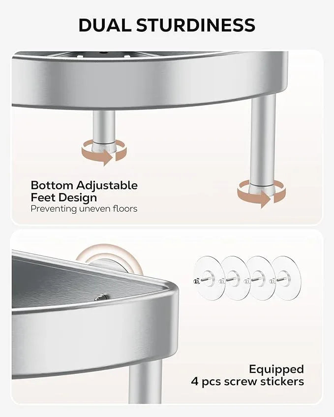 Nieifi Corner Shower Caddy Stand-5 Tier Rustproof Anodized Aluminum Standing Shower Organizer-Shower Caddy Corner-Dual Stability to Anti-Shaking-Height-Adjustable Legs for Uneven Surfaces-Silver - ModernBath