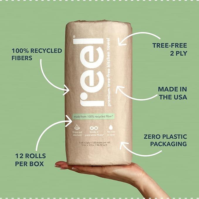 Reel Premium Recycled Paper Towels- 12 Rolls, 2-Ply Made From Tree-Free, 100% Recycled Paper - Eco-Friendly, Hypoallergenic and Zero Plastic Packaging - ModernBath