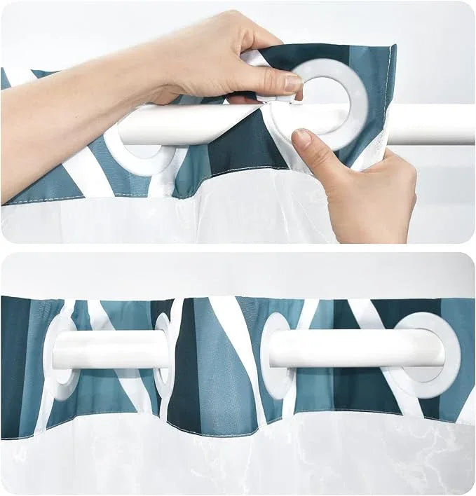 Yiatn No Hook Aegean Blue Shower Curtain with Snap in Fabric Liner Set - Hotel Style with See Through Mesh Top Window, Modern Geometric Waterdrop Design,Waterproof and Washable, 71x74 INCH - ModernBath
