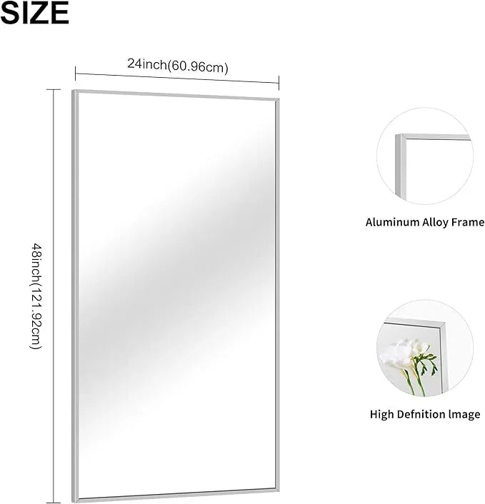 COFENY 48x24In Silver Bathroom Mirror for Wall, Brushed Nickel Rectangle Mirrors with Metal Frame, Bathroom Rectangular Mirror Modern Wall Mirror for Bedroom Living Room, Hangs Horizontal or Vertical - ModernBath