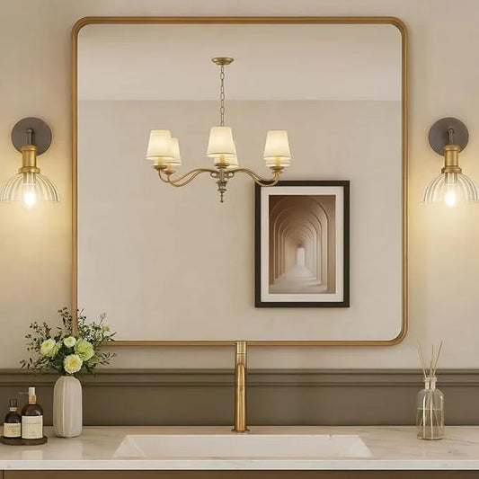 miroro Gold 36x36 Inch Metal Framed Mirror for Wall, Large Rounded Rectangle Mirror, Anti-Rust, Tempered Glass, Hangs Horizontally or Vertically - ModernBath