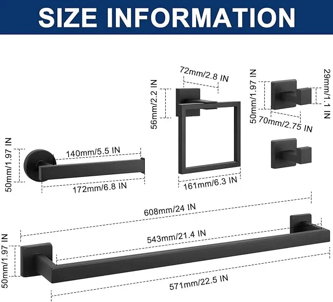 NearMoon 5 Pieces Bathroom Hardware Set 304 Stainless Steel, Square Towel Rack Kit - 24" Towel Rod + Towel Ring + Toilet Paper Holder + 2 Robe Hooks, Wall Mounted Bath Accessories (Matte Black) - ModernBath