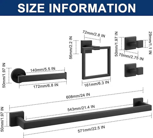NearMoon 5 Pieces Bathroom Hardware Set 304 Stainless Steel, Square Towel Rack Kit - 24" Towel Rod + Towel Ring + Toilet Paper Holder + 2 Robe Hooks, Wall Mounted Bath Accessories (Matte Black) - ModernBath