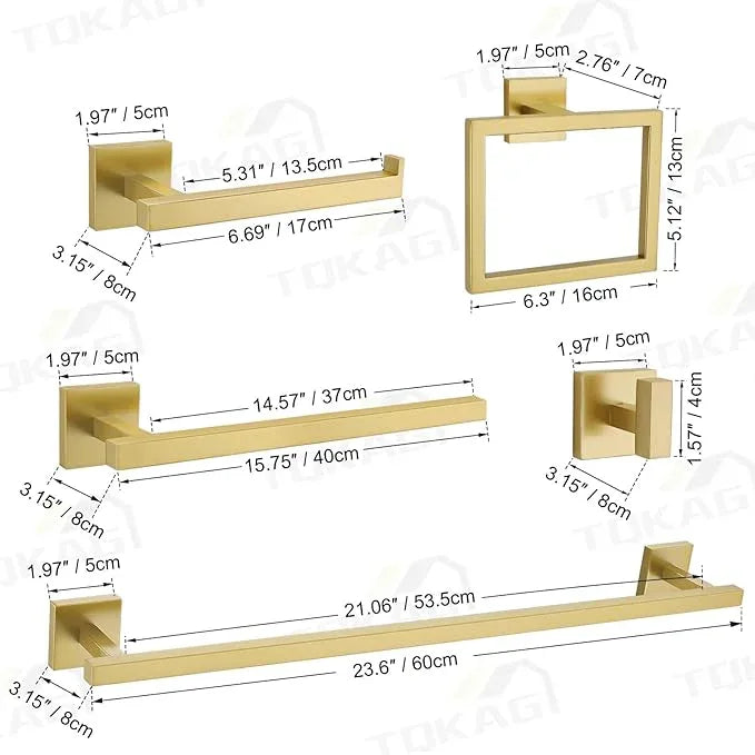 TQKAG 7-Pieces Brushed Gold Bathroom Hardware Accessories Set 23.6" SUS304 Stainless Steel Towel Bar Set Toilet Paper Spare Rolls Storage Holder Wall Mounted - ModernBath