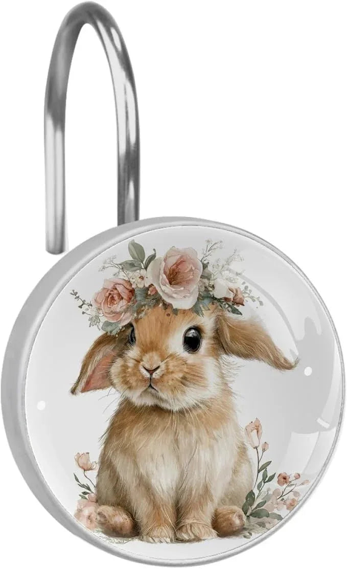 Cute Rabbits and Florals Rust Proof Shower Curtain Hooks 12Pcs for Bathroom Shower Rod, Decorative Shower Hooks Shower Curtain Hanger Rings Roller, Glass, Resin, Stainless Steel - ModernBath