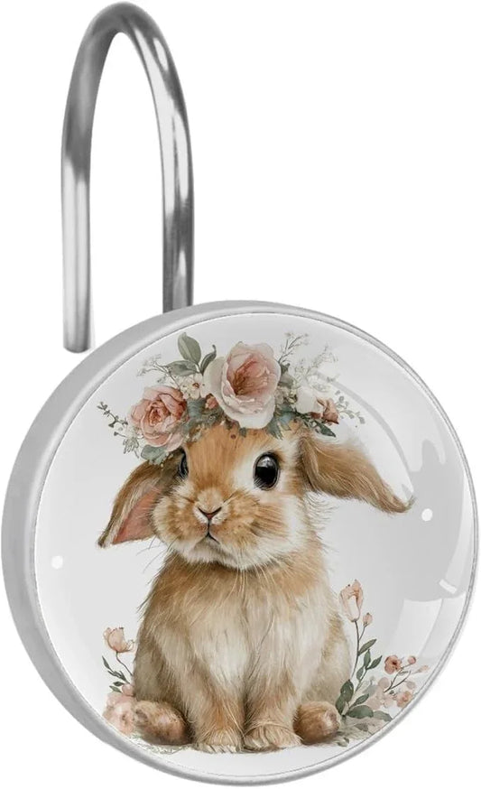 Cute Rabbits and Florals Rust Proof Shower Curtain Hooks 12Pcs for Bathroom Shower Rod, Decorative Shower Hooks Shower Curtain Hanger Rings Roller, Glass, Resin, Stainless Steel - ModernBath