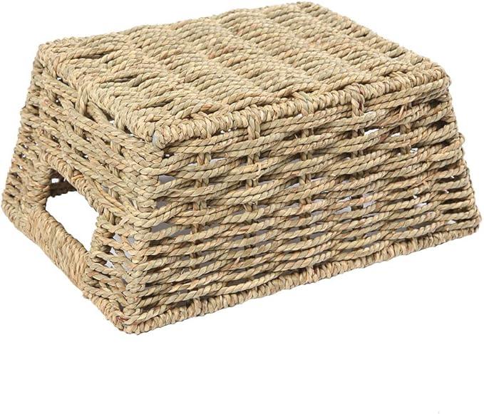 Small Seagrass Storage Basket, Natural Rectangular Decorative Home Organizer Bins with Both-side Handles for Farmhouse, Bathroom, Bedroom. - ModernBath