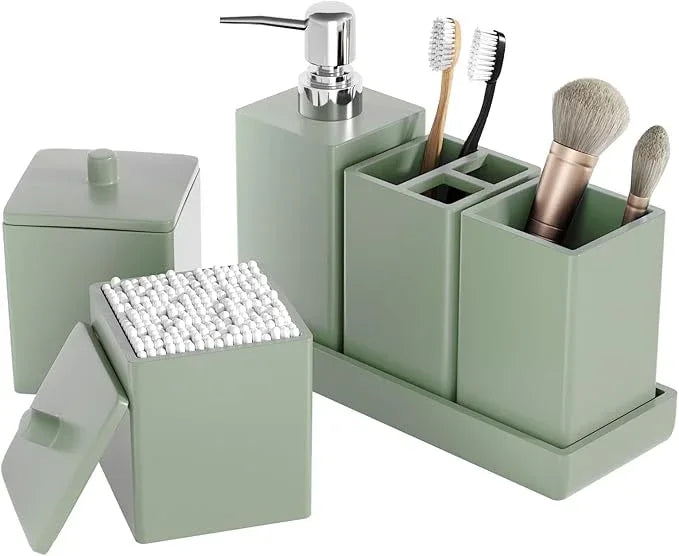 Sage Green Bathroom Accessories Set Resin 6PCS, Square Toothbrush Holders Set Complete with Soap Dispenser, Vanity Tray, Tumbler, Cups and Cotton Swab Jars for Counter, Sink or Small Spaces - ModernBath