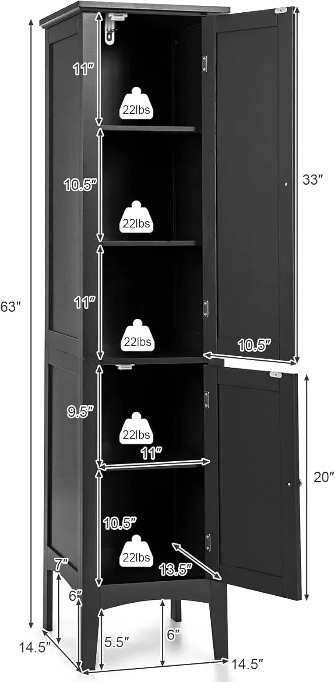Giantex Storage Cabinet Bathroom High Cabinet with 5 Tier Shelves, Freestanding Slim Cabinet, Tall Organizer for Bathroom, Kitchen, Living Room, Linen Tower Narrow Floor Cabinet (Black) - ModernBath