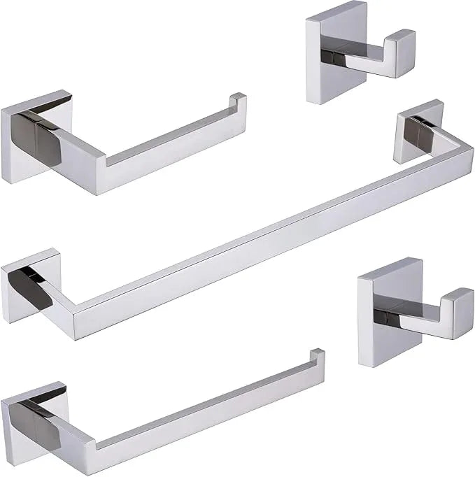TRUSTMI 5-Piece Bathroom Hardware Accessory Set Robe Hook Towel Bar Toilet Roll Paper Holder Towel Ring Wall Mounted, SUS 304 Stainless Steel, Chrome - ModernBath