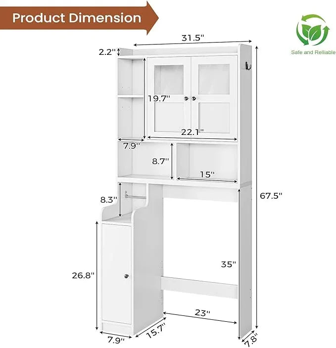 Itaar Over The Toilet Storage Cabinet, Over Toilet Bathroom Organizer with Glass Doors & Toilet Paper Holder Stand, Home Space-Saving Toilet Rack, for Bathroom, Restroom, Laundry(White) - ModernBath