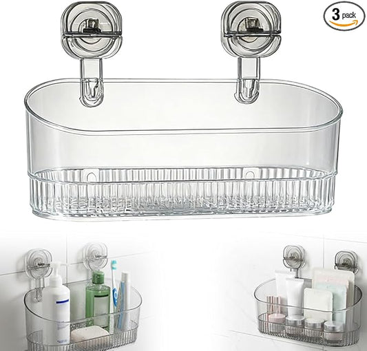 No-Drill Bathroom Suction Storage Box, 2026 New Corrugated Suction Cup Storage Holder,Powerful Suction Storage Box,Removable Hanging Storage Basket,Ripple Acrylic Wall Shelf (Clear)