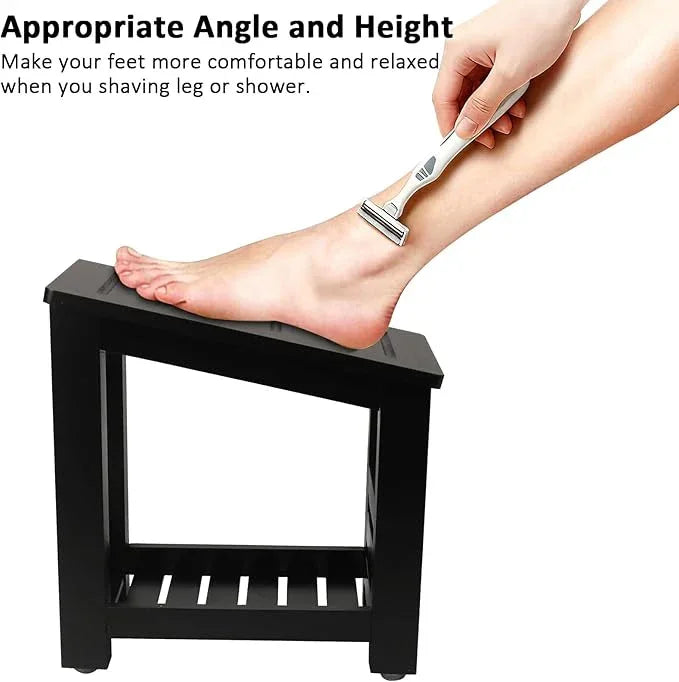 Forest Manor Bamboo Shower Foot Rest Stool for Shaving Legs & Pedicure, Non-Slip Bathroom Foot Step with Storage Pocket, Solid & Water-Resistant,Natural (Black) - ModernBath