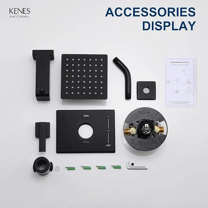 KENES Tub Shower Faucet Set Complete, Matte Black Tub and Shower Trim Kit with 6-Inch Rain Shower Head, Square Shower System, KE-6025A-2 (Shower Valve Included) - ModernBath