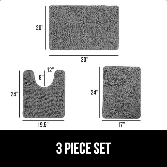 GORILLA GRIP Area Rug Sets 3 Piece, Bath Mat Set and Oval Toilet Base with Rubber Backing, Plush Absorbent Shaggy Chenille Washable Mats, Includes 24x19.5, 24x17 and 30x20 Inch Rugs, Grey - ModernBath