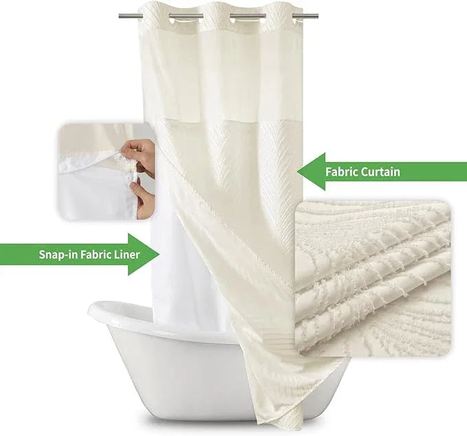 eachope stall no Hook Tufted Shower Curtain with snap in Liner Set, White Waterproof Fabric Inner Liner,Boho Style Shower Curtain with See Through top Window, Cream, 36Wx74H - ModernBath