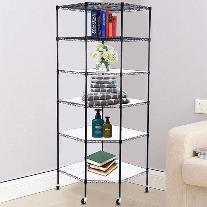 BNSPLY 6 Tier Corner Wire Shelving Unit, Adjustable Wire Shelf with Wheels, Metal Storage Shelves and Racks for Kitchen, Bathroom, Laundry, Pantry, Closet (27" D x 27" W x 71" H, Black) - ModernBath