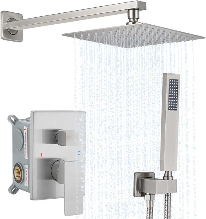 Brushed Nickel Shower System YCAIKOI Wall Mount Shower Faucet Set for Bathroom 10 Inch High Pressure Luxury Shower Head with Handheld, Rough-in Valve Body and Trim Included - ModernBath