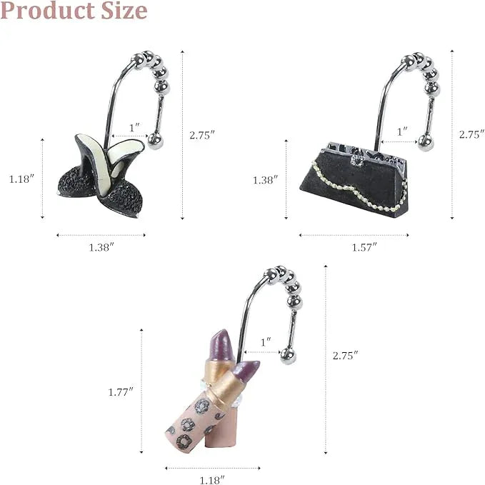 D DS CURTAIN Decorative Fashion Shower Hooks for Women, 12-Pack High-Heel Handbag Lipstick Design with Stainless Steel Rings, Rust-Proof for Bathroom Decor - ModernBath