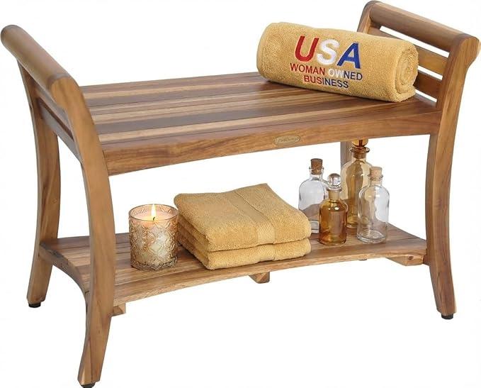 EcoDecors Symmetry 30 Inch Natural Color Waterproof Teak Wood Shower Bench Stool Seat Chair for Inside Shower Provides Safety, Storage, and Organization for Bathroom Accessories - ModernBath