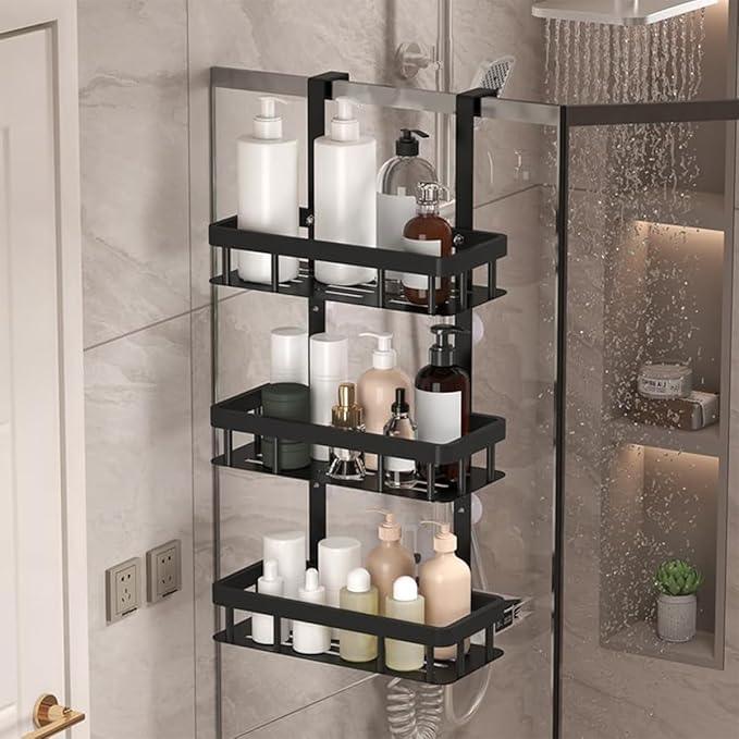3-Tier Over Door Shower Caddy, Black Metal Bathroom Storage Rack, 11.81x5.31 Inch Shelves, Rustproof Organizer, Modern Style, No Drilling Required, for Toiletry Storage - ModernBath