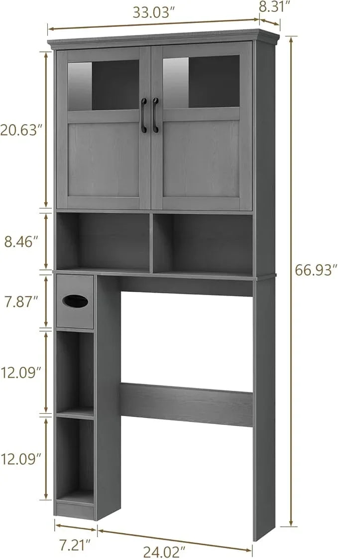Over The Toilet Storage Cabinet With Double Doors & Paper Holder Stand, Freestanding Shelf Space Saver, Anti-Tip Design & Adjustable Shelf, Natural Grey - ModernBath