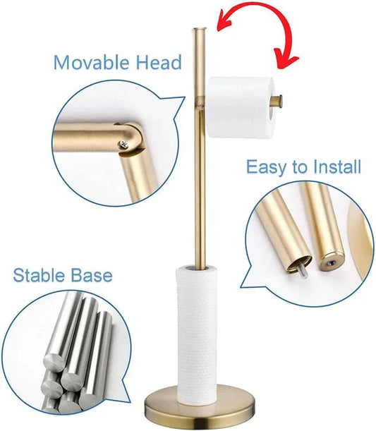 SHUNLI Toilet Paper Holder Stand with Storage, Brushed Gold, SUS304 Stainless Steel, 18x7x58cm, 4-5 Roll, 2.2kg, Modern, 7782BG - ModernBath
