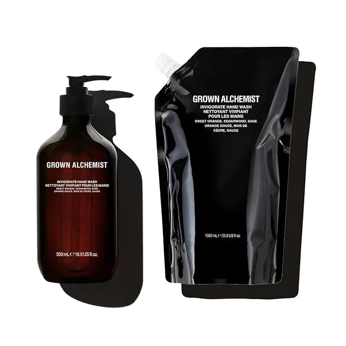 Grown Alchemist Invigorate Hand Wash + Refill Set – Liquid Hand Soap with Aloe, Sweet Orange, Cedarwood & Sage – Gentle, Moisturizing Kitchen & Bathroom Soap, Natural Plant Based Gel Cleanser - ModernBath
