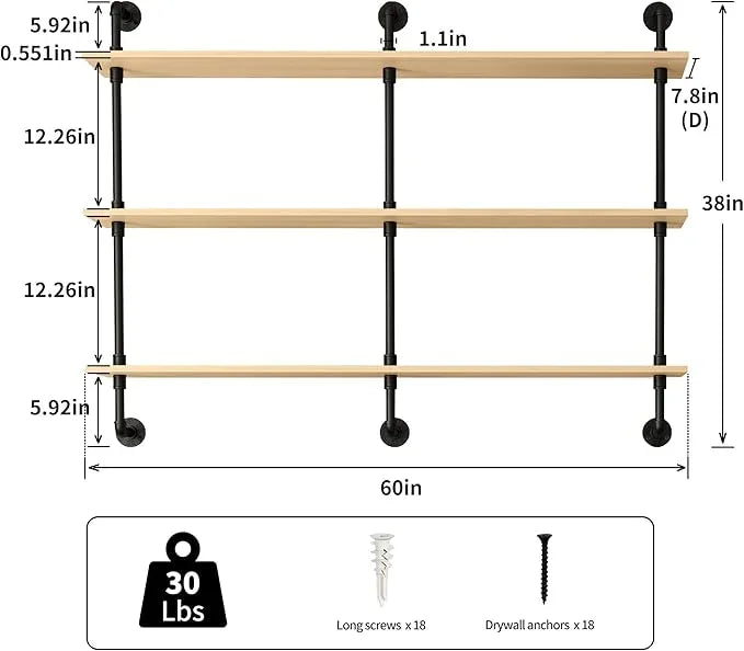 3-Tier Industrial Pipe Floating Shelf – Rustic 60 inch Wood Wall-Mounted Storage Shelf for Kitchen Office,Bathroom & Home Decor -White Oak - ModernBath
