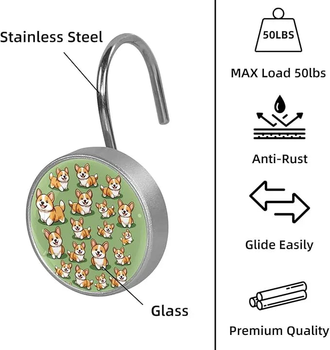 FVQL Shower Curtain Hooks Decorative, Set of 12, Stainless Steel Shower Curtain Rings, Lovely Dog Animal - ModernBath