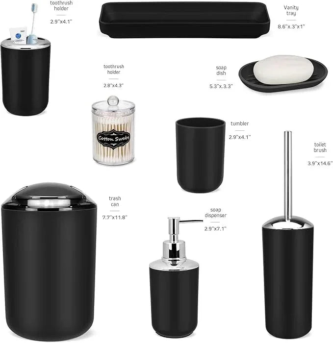 IMAVO Bathroom Accessories Set,Black Bathroom Set,9 Pieces Bathroom Accessory Set,Tray,Qtip Holders,Toilet Brush,Trash Can for Bathroom Décor and Home Gifts - ModernBath