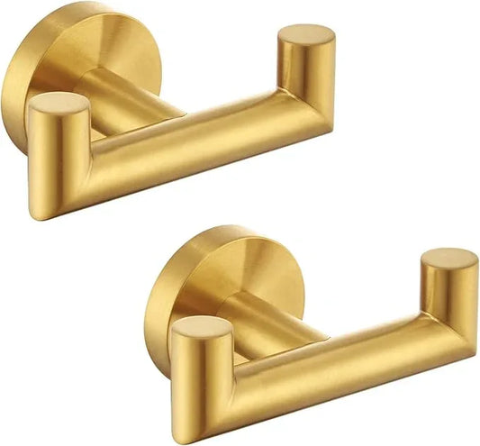 Angle Simple Towel Double Hook Brassy Gold 2 PCS, SUS304 Stainless Steel Bathroom Hand Towel Holder, Double Robe Hook, Wall Mount - ModernBath