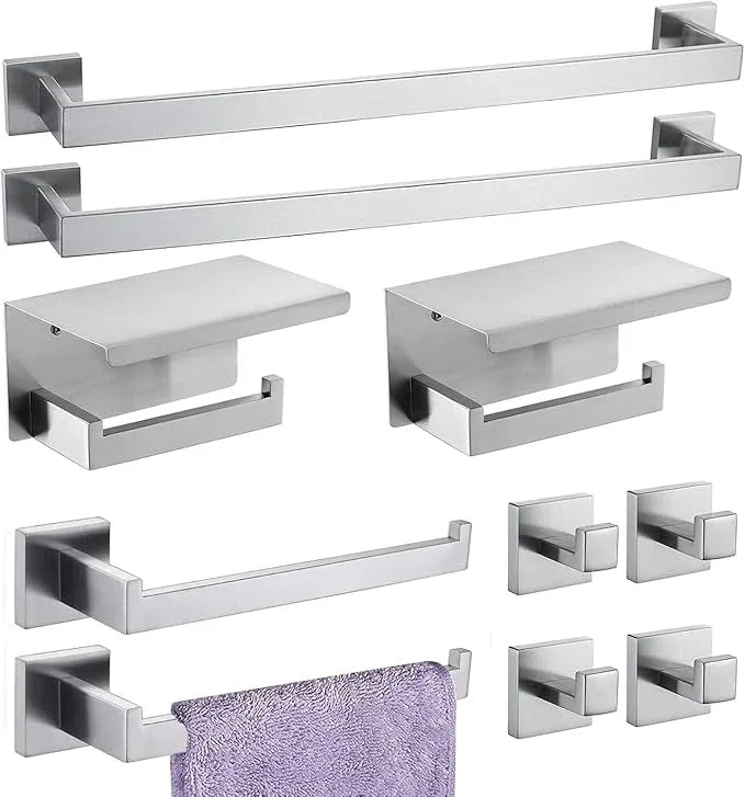 Bathroom Hardware Set 10 Piece Brushed Nickel Bathroom Accessories Set SUS304 Towel Bar Set Includes 2 Towel Bar 24 Inch+2 Towel Holder+2 Toilet Paper Holder+4 Towel Hook (10, Brushed Nickel) - ModernBath