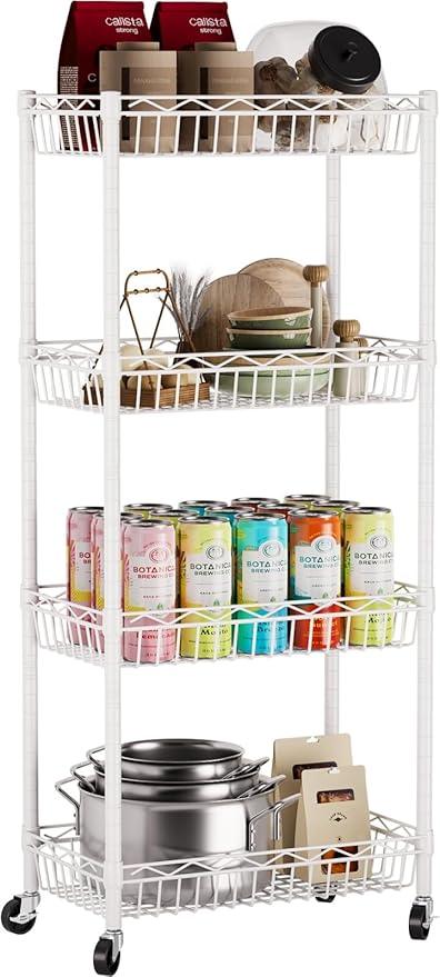 4 Tier Basket Shelf Wire Shelving Unit Adjustable Storage Shelves Big Basket Rack for Garage Kitchen Office Pantry Corner 17.2" Dx12.2 Wx50 H White - ModernBath