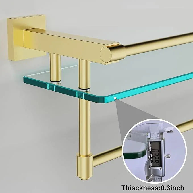Bathroom Glass Shelf with Towel Rack Organizer Wall-Mounted Bathroom Storage SUS304 Stainless Steel Track Wall-Mounted Tempered Glass Stainless Steel Shelf (Brushed Gold, 20-inch) - ModernBath