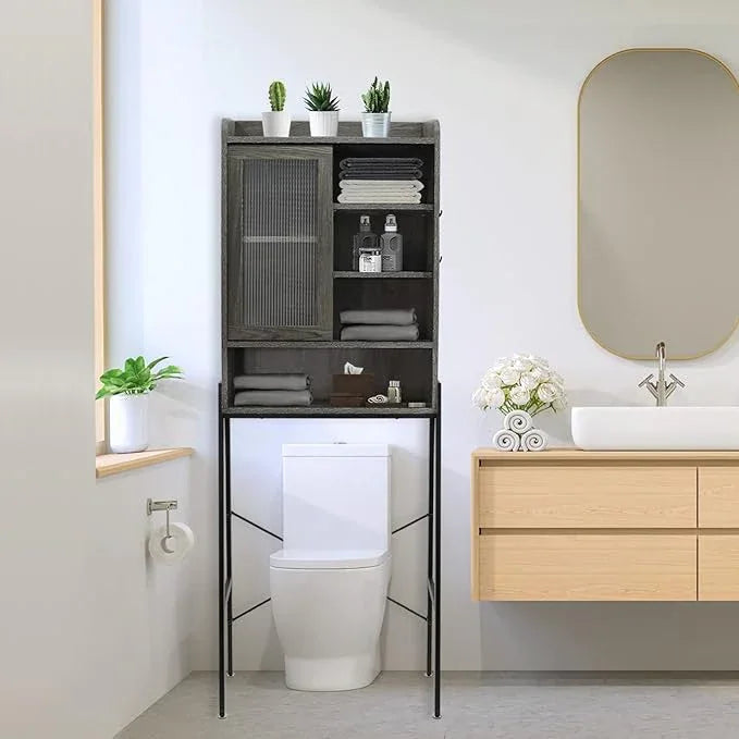 Over Toilet Storage Cabinet for Bathroom, Over Toilet Shelf Organizer, Freestanding Space Saver with Adjustable Shelves, Wide Open Shelf, Acrylic Sliding Door, Metal Frame, Vintage Grey - ModernBath