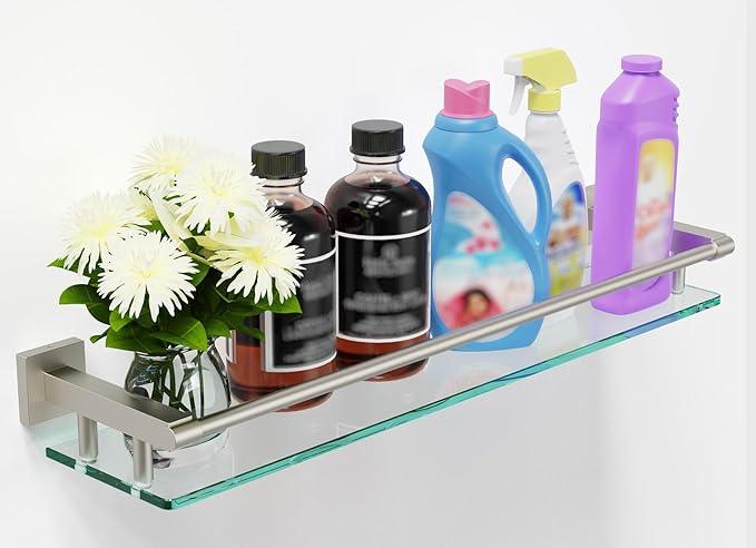 Glass Shelf for Bathroom Wall Sheves 24 inch Rectangular Stainless Steel Tempered Glass Modern Stainless Steel Wall Mount Accessories Organizers Storage (Brushed Nickel, 24‘’) - ModernBath