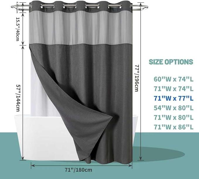 eachope Charcoal Grey No Hook Waffle Weave Shower Curtain with snap-in Liner Replacement, 230GSM Waterproof Fabric Hotel Shower Curtain Set for Bathroom, Through Mesh Top Window,71Wx77H - ModernBath