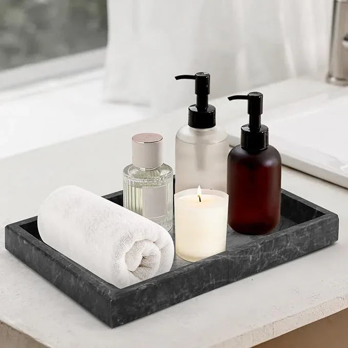 MULWR Marble Bathroom Tray,Pure Natural Vanity Tray,Marble Trays for Kitchen Counter Non-Ceramic/Non-Resin,Stone Tray 12 x 8 inch (Black) ﻿ - ModernBath