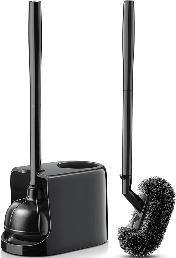 HAMITOR Toilet Plunger Bowl Brush Combo：Heavy Duty Rubber for Drain Clog Remover - Curved Design Bristles for Deep Cleaning Under Rim - Compact Bathroom Cleaning Tools for New Homet Essentials - Black - ModernBath