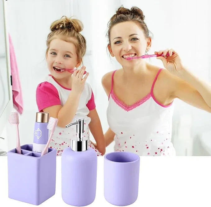 Resin 6 Pcs Purple Bathroom Set Complete with Toothbrush Holder, Lotion Soap Dispenser, 2 Qtip Holder Dispensers,Vanity Tray,Bathroom Tumbler - Countertop Vanity Organizer - Bathroom Accessories - ModernBath