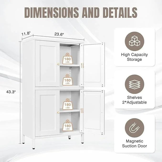 Yizosh Metal Pantry Cabinet,Tall Kitchen Pantry Storage Cabinet with 4 Doors and 2 Adjustable Shelves - 43" White Cupboard Cabinet for Kitchen,Living Room,Dining Room,Home - ModernBath