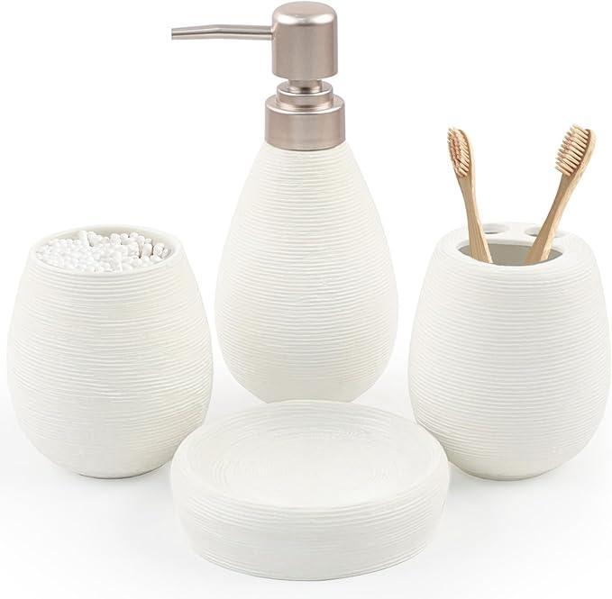 CERBIOR Bathroom Accessories Set,4 Pcs Ceramic Bathroom Decor Accessory,Includes Toothbrush Holder, Toothbrush Cup, Soap Dish for Decorative Countertop and Housewarming Gift(White 4pcs) - ModernBath