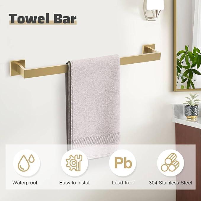 TNOMS 5-Piece Towel Bar Set Brushed Gold Bathroom Hardware Accessories Set Includes Upgraded Double Base Toilet Paper Holder,Modern Square Towel Holder Set Stainless Steel Wall Mount 23.6 Inch - ModernBath