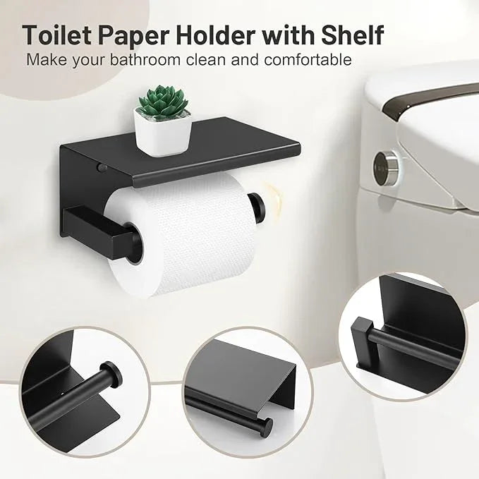 5-Piece Bathroom Hardware Set Black Gold Bathroom Hardware Accessories Set Upgraded Toilet Paper Holder with Shelf Towel Holder Set for Bathroom Stainless Steel Wall Mounted - ModernBath
