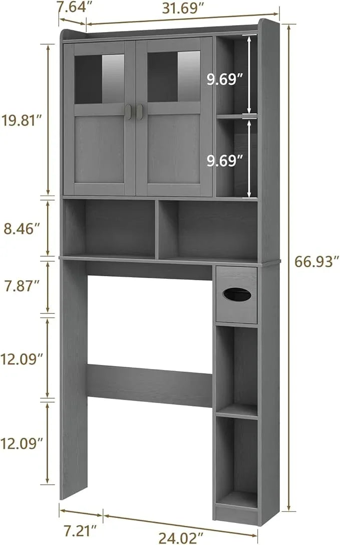 Vabches Over The Toilet Storage Cabinet, Bathroom Shelf Over Toilet with Glass Doors and Adjustable Shelves, Natural Grey Freestanding Home Space Save Toilet Rack, for Restroom, Bathroom, Laundry - ModernBath