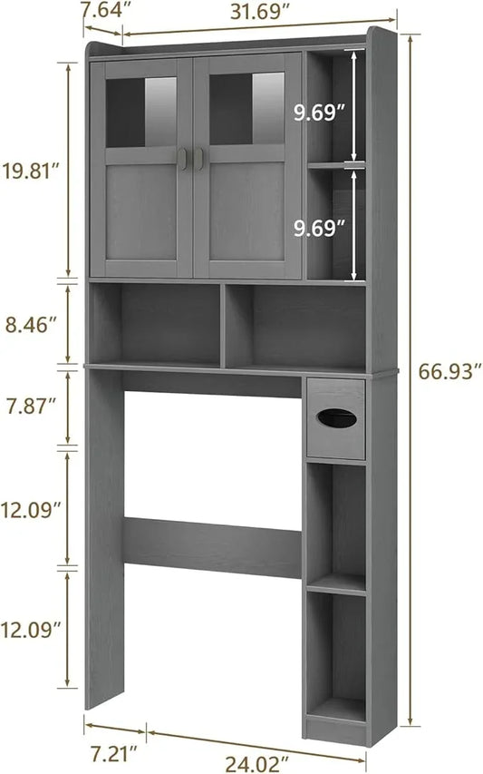Vabches Over The Toilet Storage Cabinet, Bathroom Shelf Over Toilet with Glass Doors and Adjustable Shelves, Natural Grey Freestanding Home Space Save Toilet Rack, for Restroom, Bathroom, Laundry - ModernBath