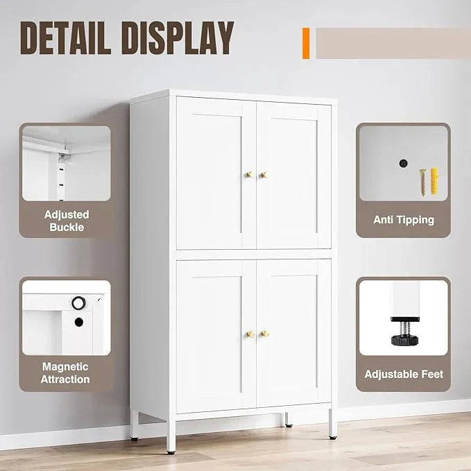 Yizosh Metal Pantry Cabinet,Tall Kitchen Pantry Storage Cabinet with 4 Doors and 2 Adjustable Shelves - 43" White Cupboard Cabinet for Kitchen,Living Room,Dining Room,Home - ModernBath